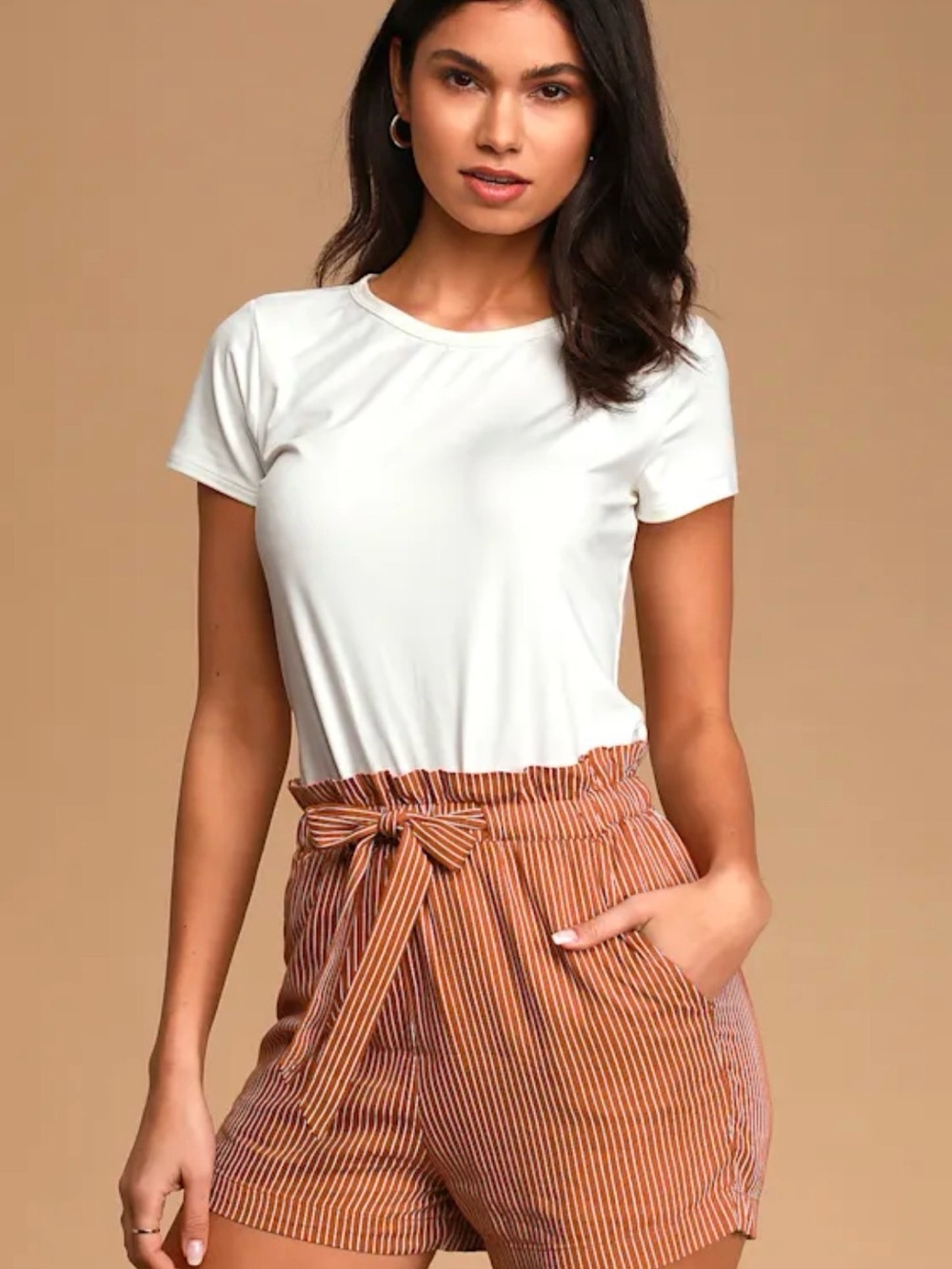 Billabong Women’s Rust Orange Striped Tie-Waist High Waist Shorts